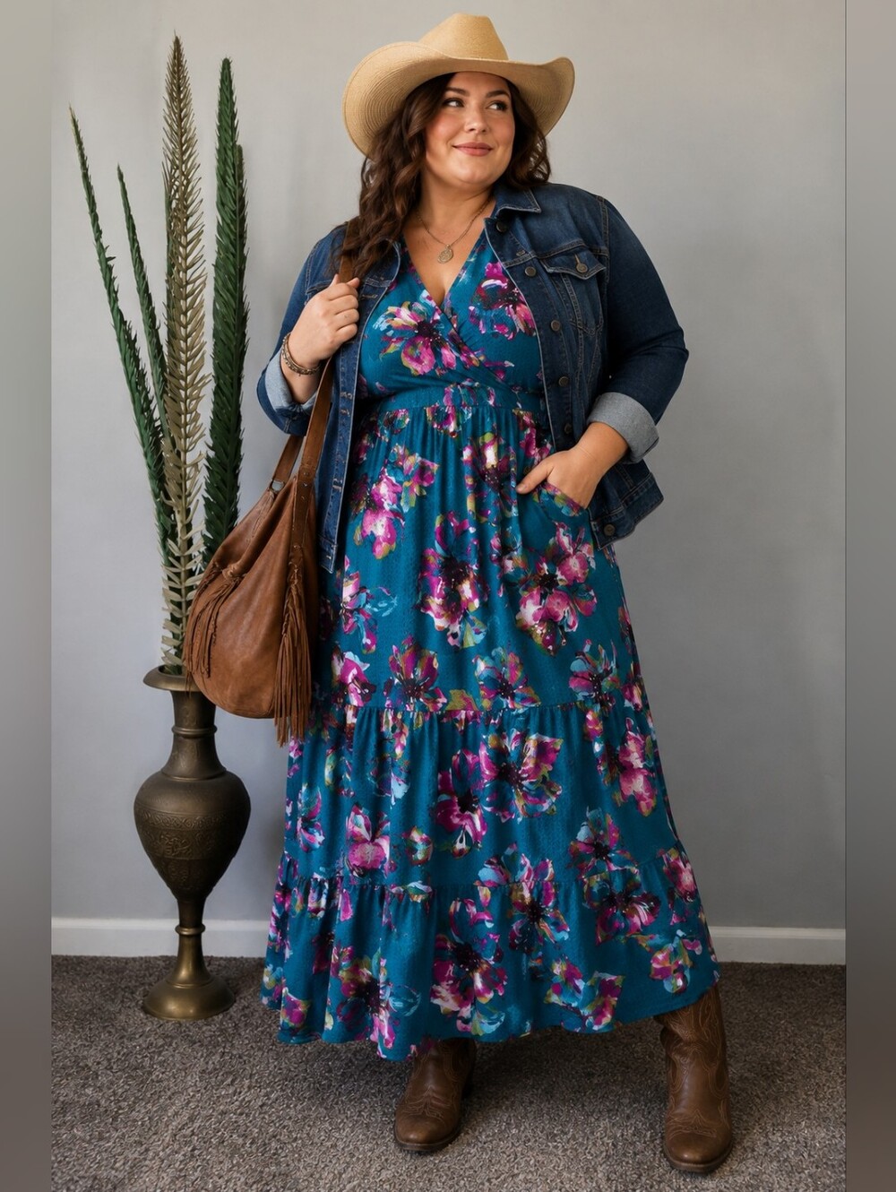 Cato 22/24W Teal Floral Maxi Dress Plus Size Faux Wrap V-Neck Tiered Boho